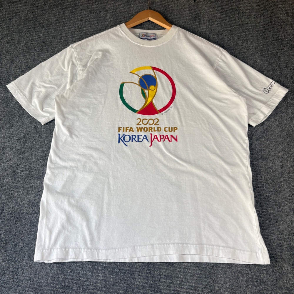 Vintage 2002 FIFA World Cup Korea Japan White Graphic T-Shirt Mens Size 95 Large